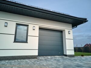 a modern style garage door with a deep blue color